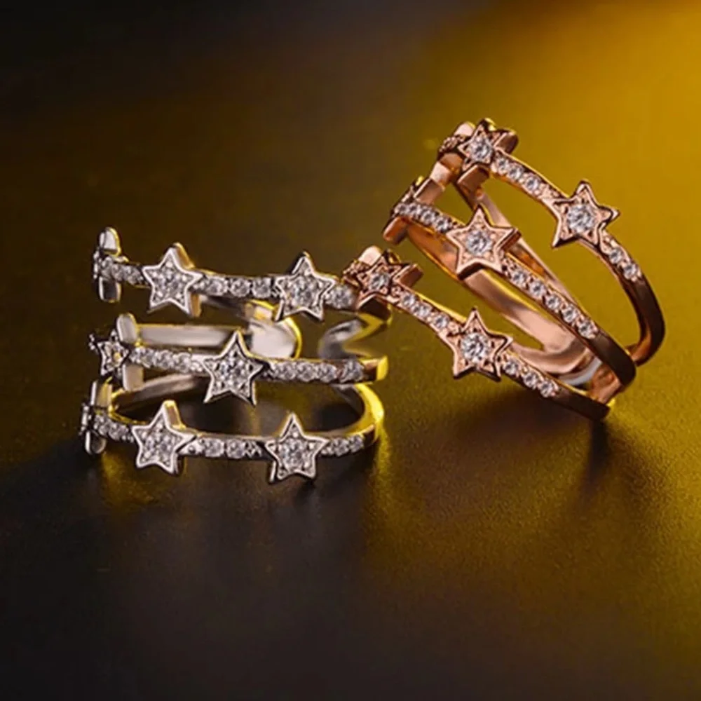 NEW ROSE GOLD STAR MULTI LAYER 925 STERLING SILVER, CUTE RING, SHINY RING. - Picture 3 of 3
